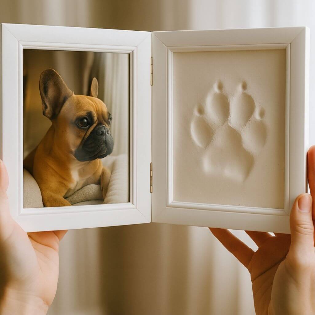 Kit cadre photo pliant chien avec argile pour empreinte de patte – Cadre photo souvenir d'intérieur en bois pour chien