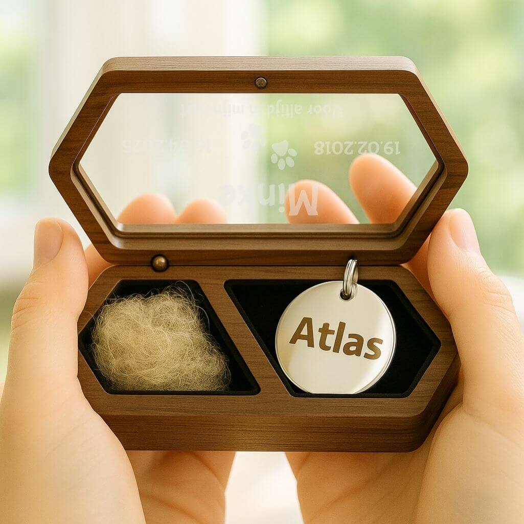 Gepersonaliseerd houten bewaardoosje voor hond - aandenken met gegraveerde naam, data, eerbetoon en mini pootafdrukken