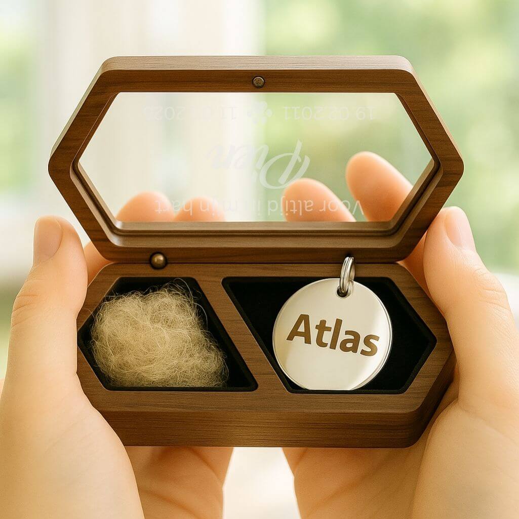 Gepersonaliseerd houten bewaardoosje voor hond - aandenken met gegraveerde naam, data & eerbetoon en pootafdruk ontwerp