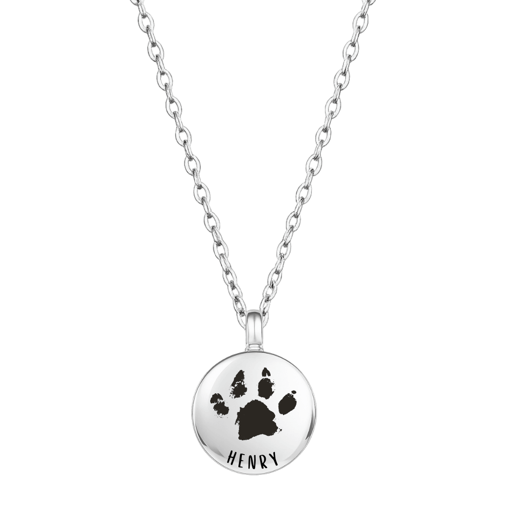Gepersonaliseerde ronde honden urn ketting - as-hanger met gegraveerde pootafdruk en naam