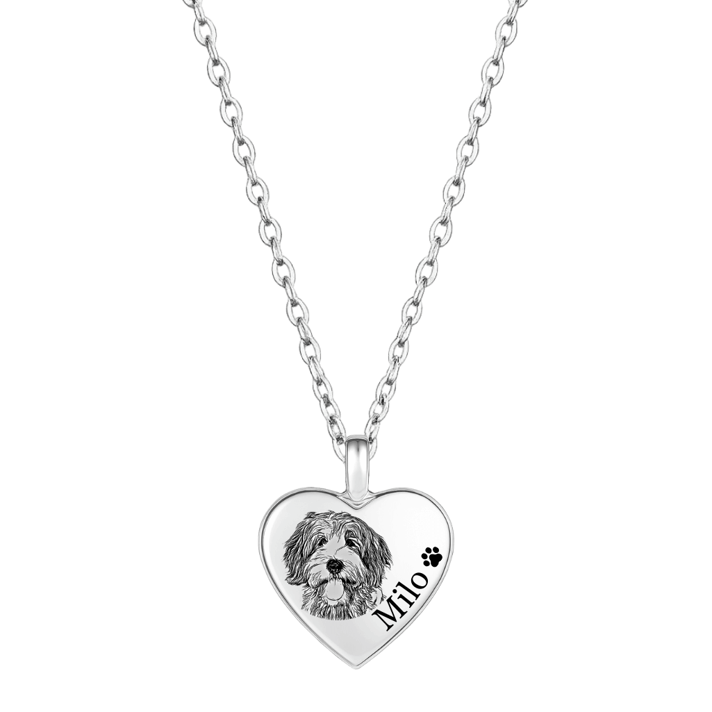 Gepersonaliseerde hartvormige honden urn ketting - as-hanger met gegraveerde foto-tekening en naam