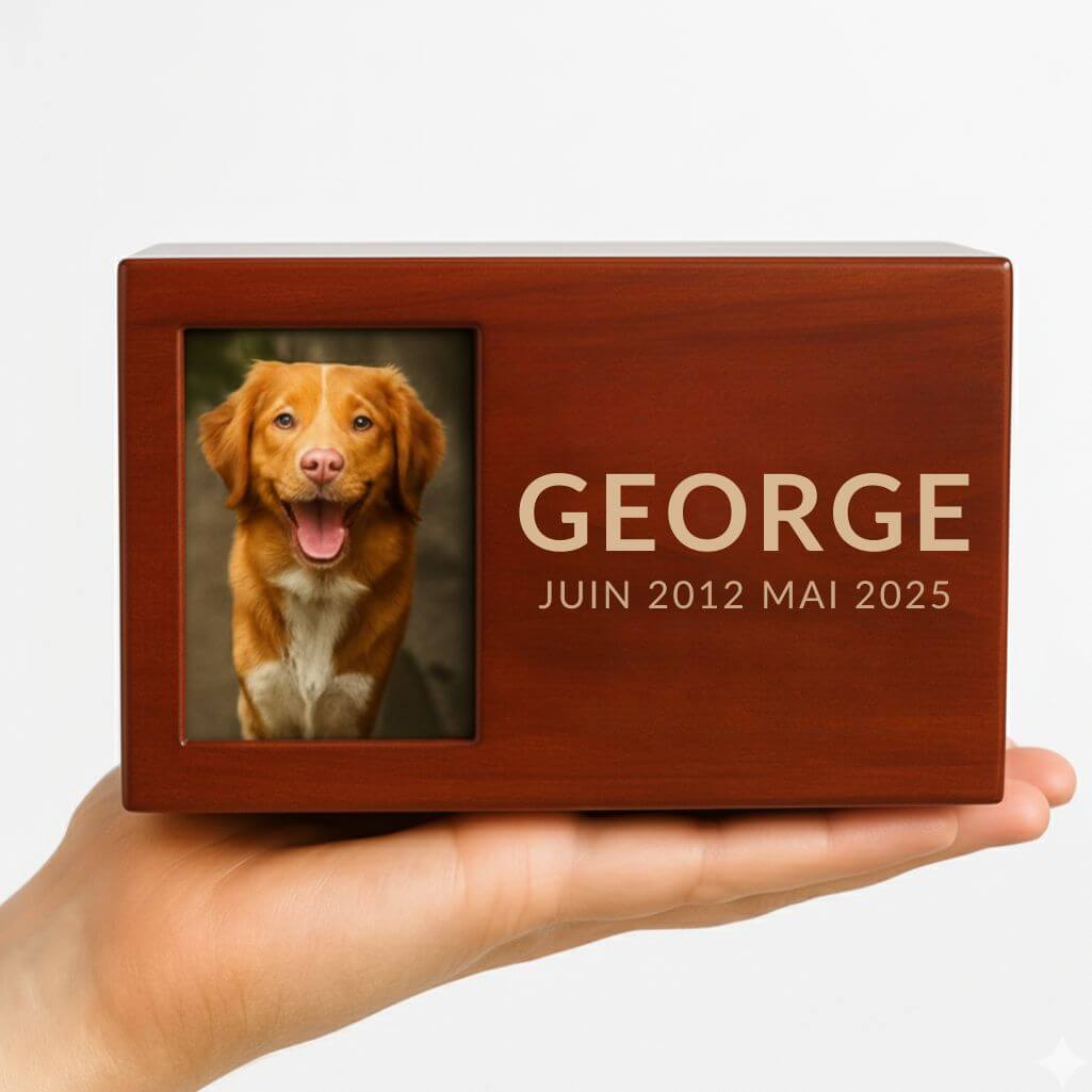 Urne funéraire pour chien en bois personnalisée avec photo – Coffret souvenir pour cendres avec nom & dates