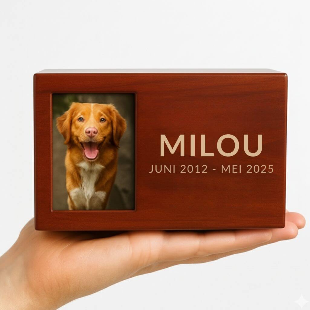 Gepersonaliseerde houten honden urn met foto - herinneringsdoos voor as met gegraveerde naam en data