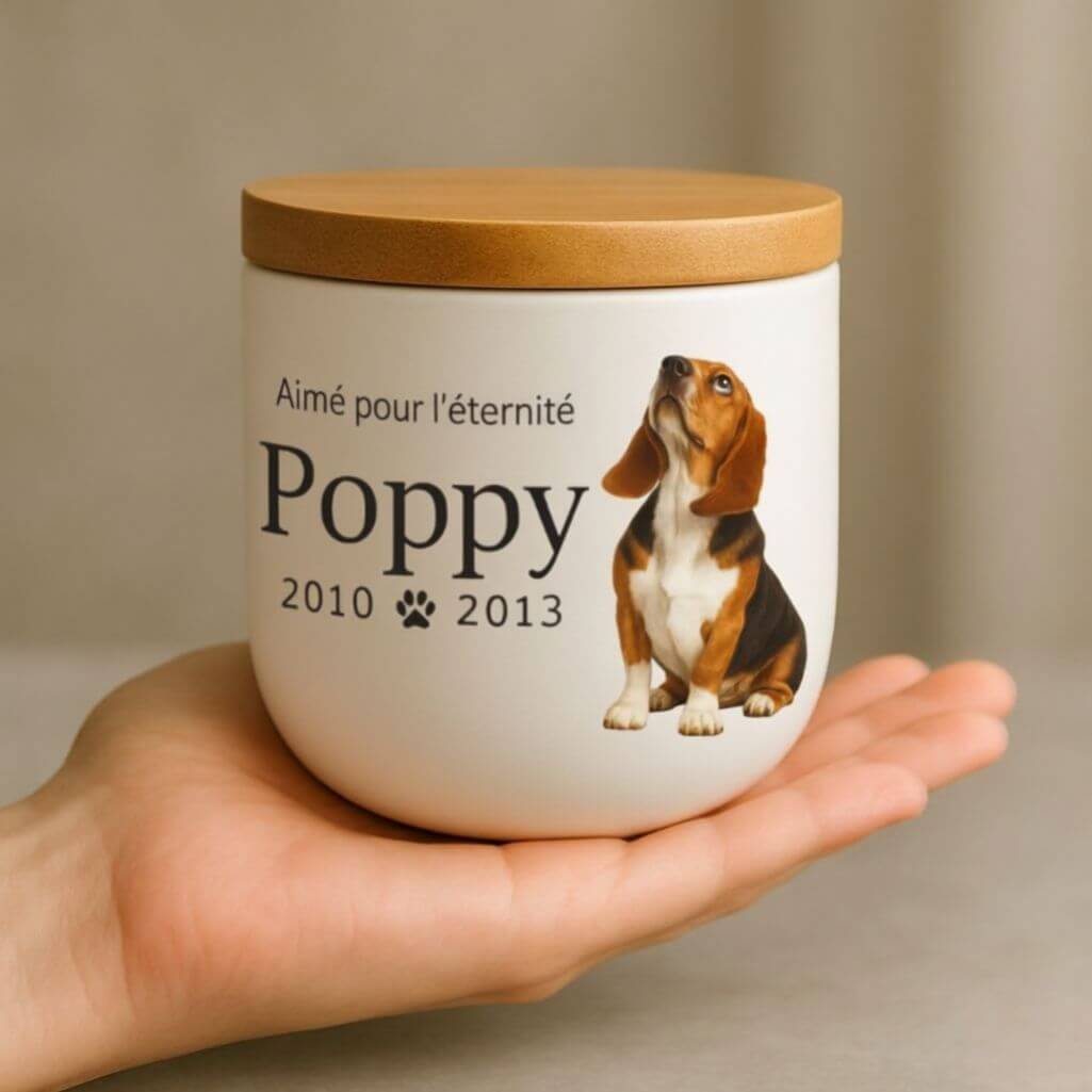 Urne funéraire pour chien personnalisée en céramique avec photo – Urne funéraire pour animal avec nom, dates & message