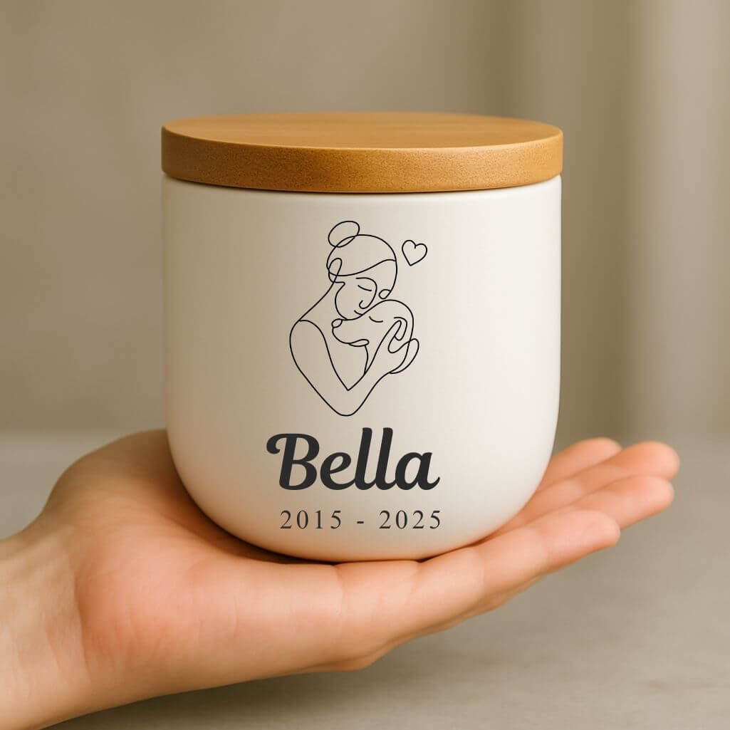 Gepersonaliseerde hondenurn van keramiek - met illustratie van vrouw en hond, naam en data voor asbewaring