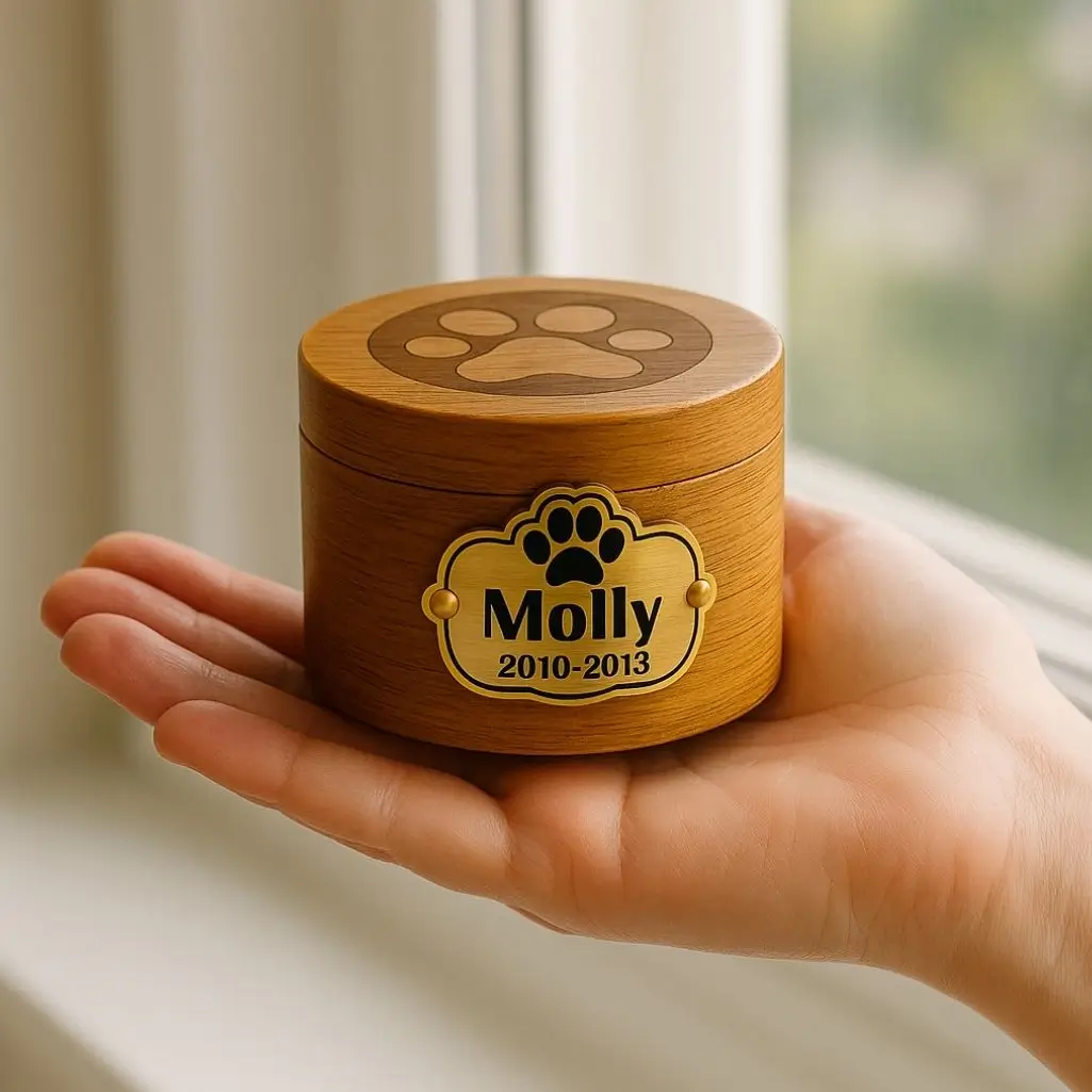 Kleine houten urn voor huisdieren met een gegraveerde pootafdruk en een goudkleurig naamplaatje met de tekst ‘Molly 2010–2013’, zachtjes vastgehouden in iemands hand.