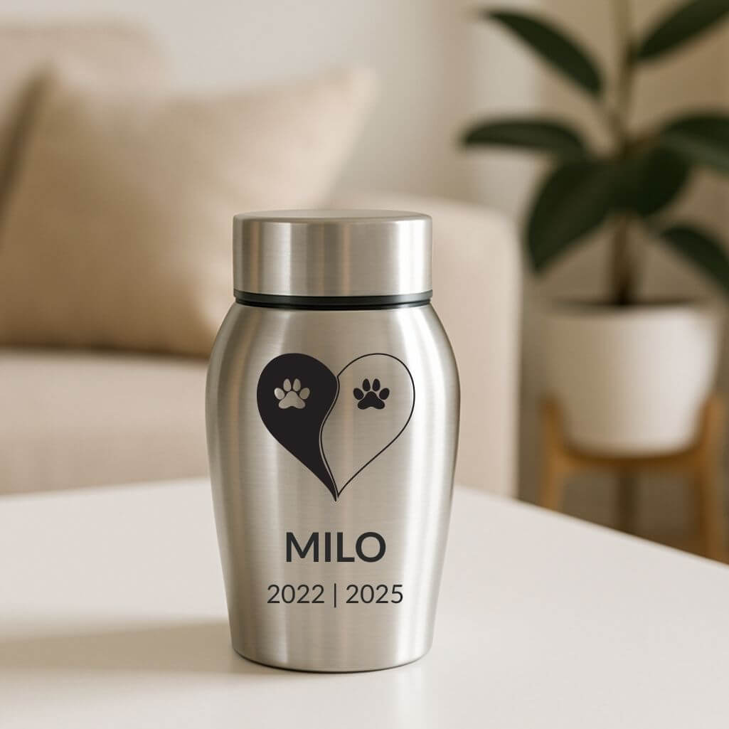 Gepersonaliseerde RVS hondenurn - met naam, data en yin-yang pootontwerp