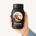 Urne pour chien en acier inoxydable personnalisée avec nom, dates & photo dans un cadre halo