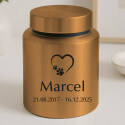 Urne pour chien cylindrique en acier inoxydable personnalisée avec nom, dates & motif cœur-patte