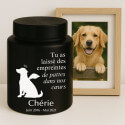 Urne pour chien cylindrique en acier inoxydable personnalisée avec nom, dates, message & motif ange