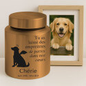 Urne pour chien cylindrique en acier inoxydable personnalisée avec nom, dates, message & motif ange