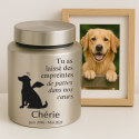 Urne pour chien cylindrique en acier inoxydable personnalisée avec nom, dates, message & motif ange