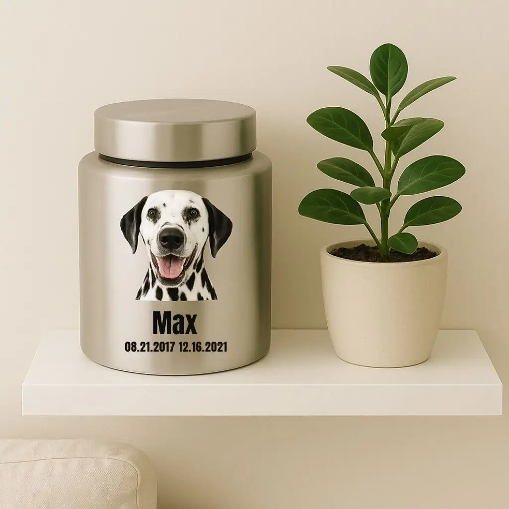 Zilverkleurige hondenurn met een foto van een Dalmatiër en de naam Max naast geboorte- en overlijdensdata, geplaatst op een plank naast een plant.