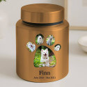 Gepersonaliseerde RVS hondenurn in cilinder vorm - met foto's in pootvormige omlijsting, naam en data