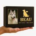 Urne funéraire pour chien en bois noir personnalisée​ avec photo – Coffret souvenir unique avec chien ange, nom & dates