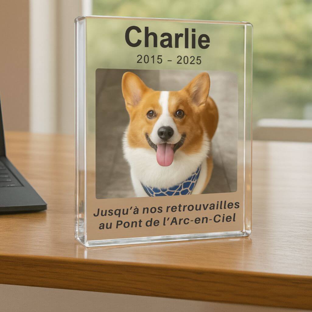 Plaque commémorative chien personnalisée​ – Cadre photo portait en acrylique pour chien avec photo, nom & dates