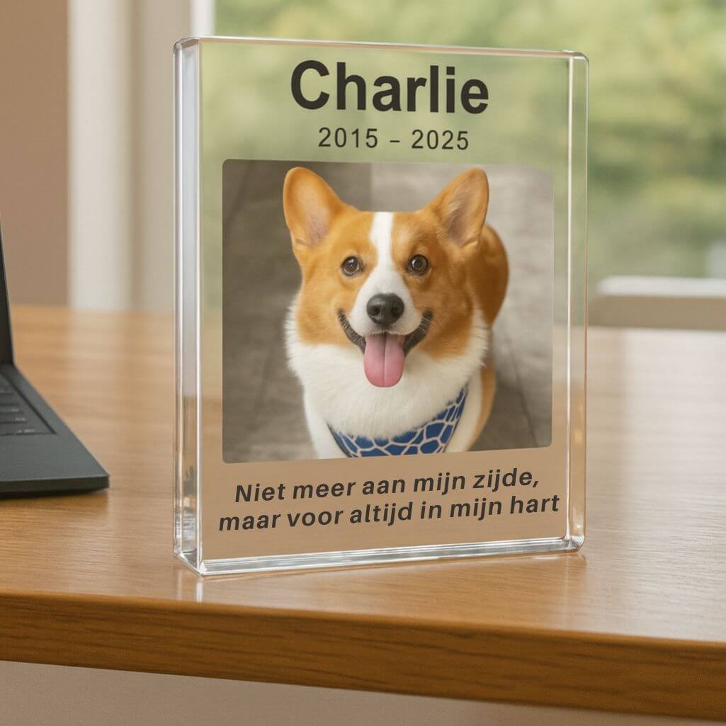 Gepersonaliseerd aandenken hond cadeau - staande acrylplaat met foto, naam & data