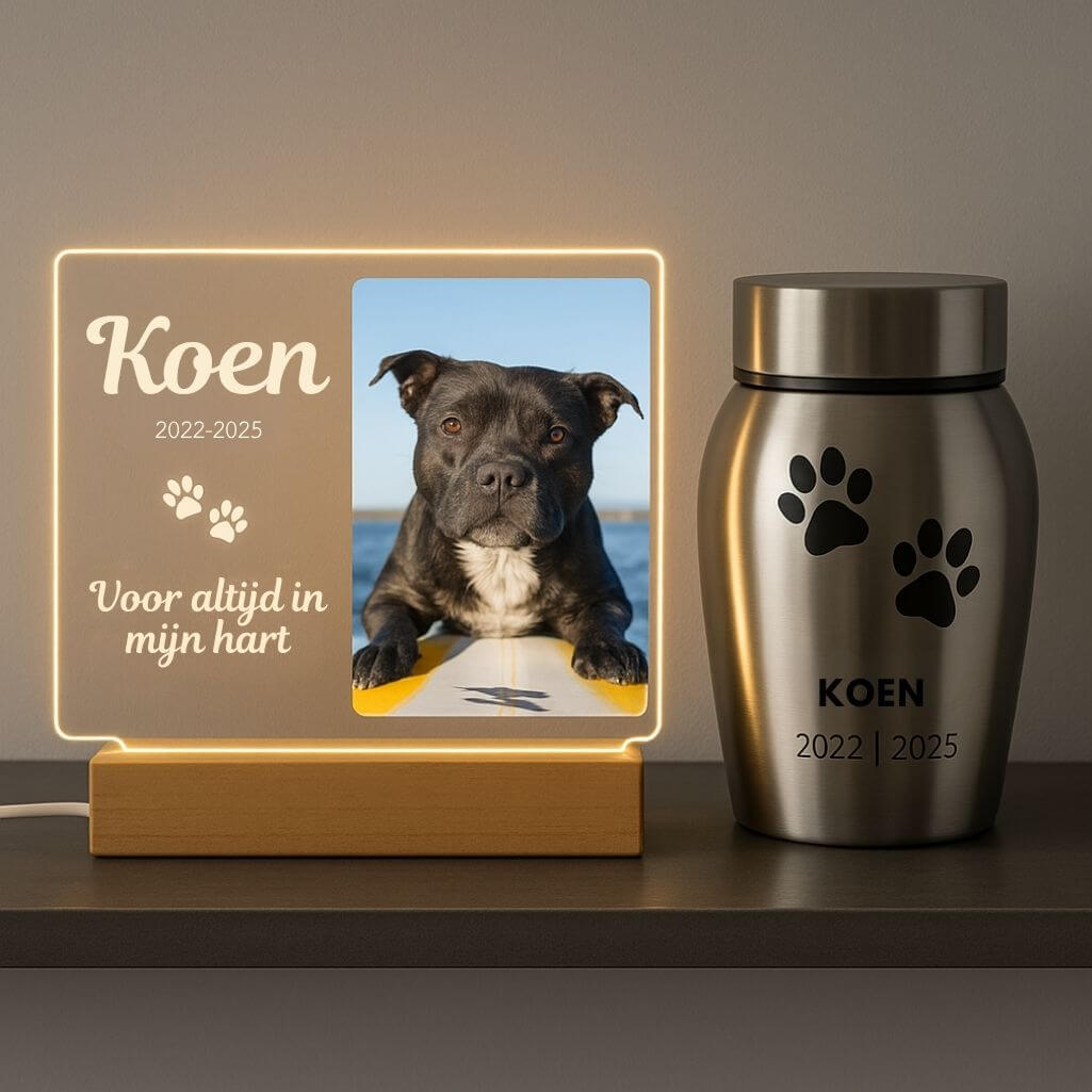 Gedenklampje voor hond met foto - gepersonaliseerd LED aandenken met gegraveerde naam & data op liggende acrylplaat