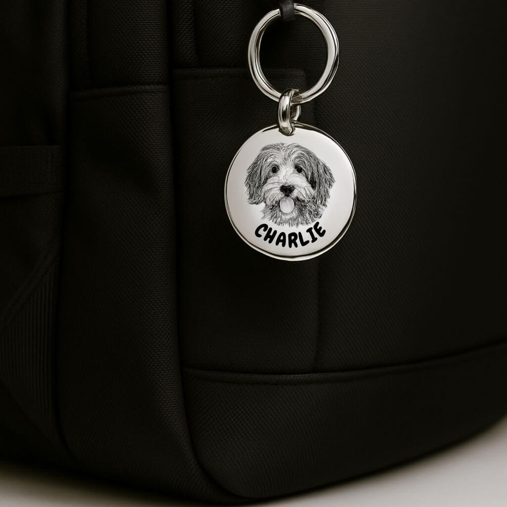 Gepersonaliseerde gedenksleutelhanger voor hond - ronde hanger met foto en naam gegraveerd