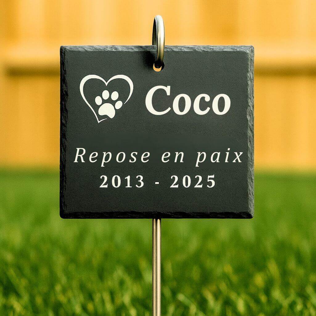 Pierre commémorative chien personnalisée carrée avec piquet métallique – Plaque souvenir en ardoise avec nom, dates & message