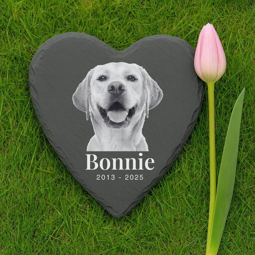 Gepersonaliseerde hartvormige gedenksteen voor hond - buitenaandenken met foto, naam & data