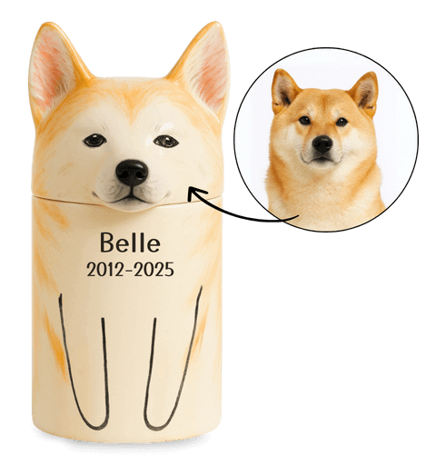 Gepersonaliseerde handgemaakte keramische hondenurn - met geschilderd portret naar hondenras en open ogen